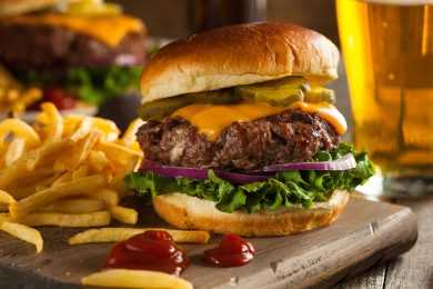 Elk burger in a bun with melted cheese and fries on side