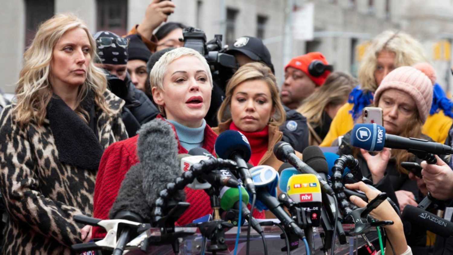 New York, NY - January 6, 2020: Actress Rose McGowan speaks during press conference on 1st day of Harvey Weinstein trial accused of rape and sexual misconduct at State Criminal Court