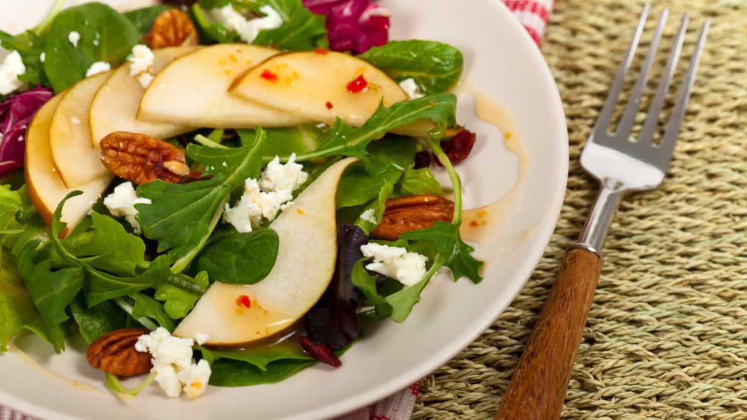 Pear Salad with Feta Cheese. Selective focus.