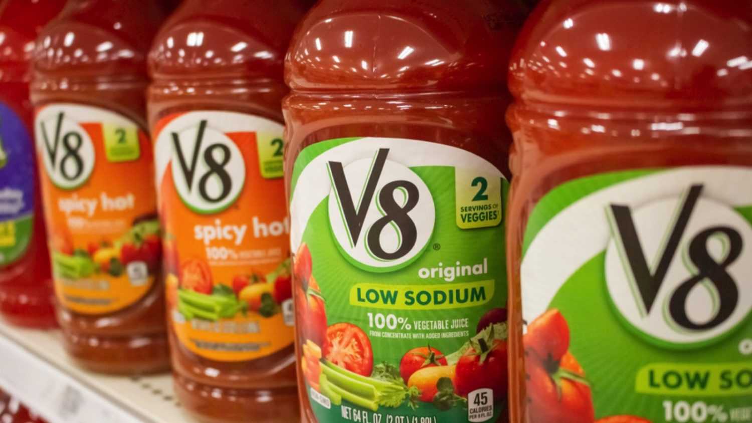 Los Angeles, California, United States - 11-25-2019: A view of several big bottles of V8 juices on display at a local grocery store.