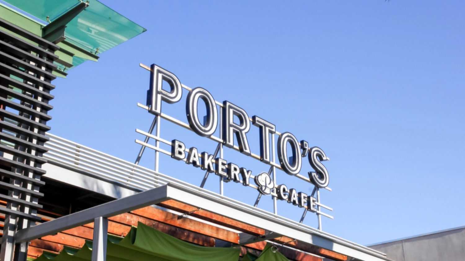 Buena Park, California, United States - 08-05-2019: A view of a store front sign for the cuban restaurant known as Porto's Bakery and Cafe.